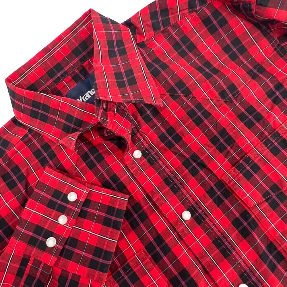WRANGLER Men's M Red Plaid Long-Sleeve Pearl Snap Classic Western Shirt Pockets